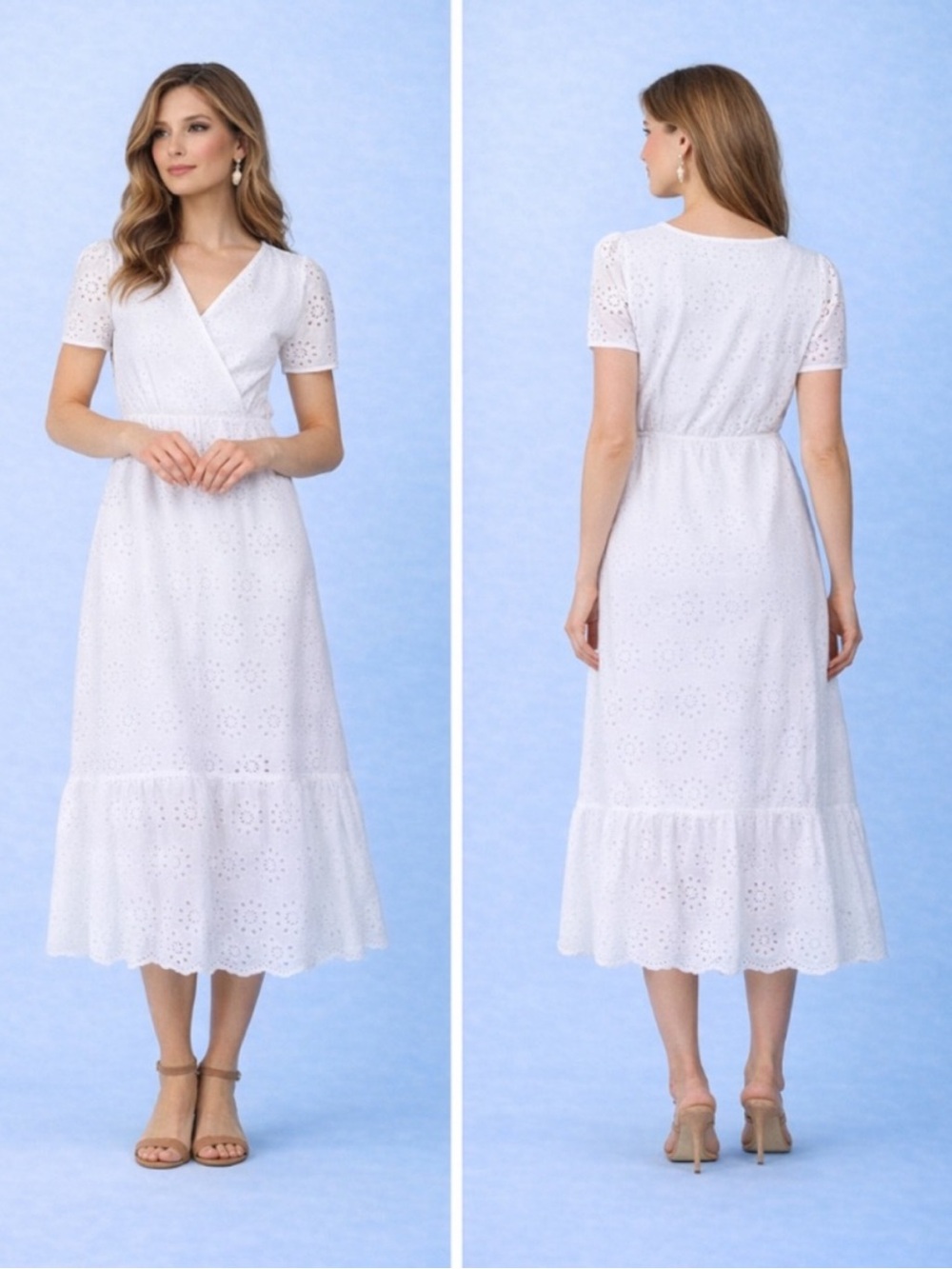 Valentina Naldi White Eyelet Midi Dress XL | 100% Cotton Faux Wrap Cottagecore D